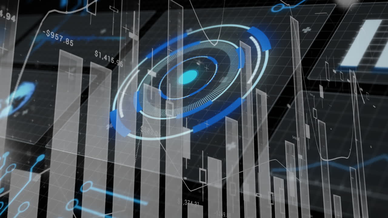 Animation of futuristic financial data with bar graphs and digital elements