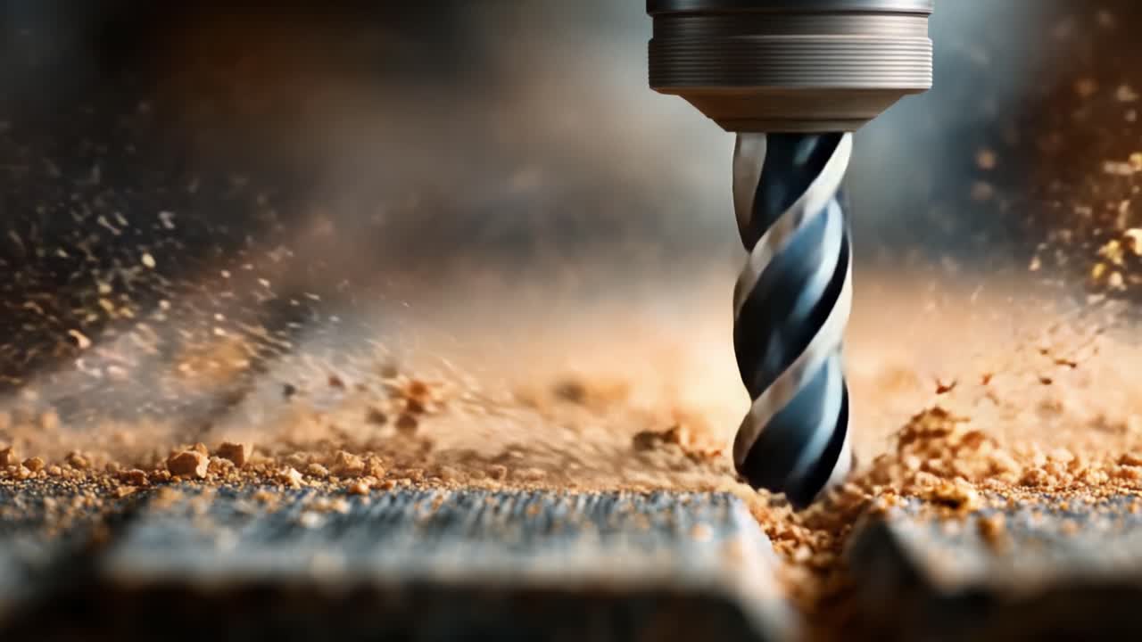 Primo piano di una punta da trapano elicoidale inserita nel legno, che mostra l'azione della perforazione con trucioli di legno che volano intorno, catturando la precisione e la potenza degli elettroutensili.