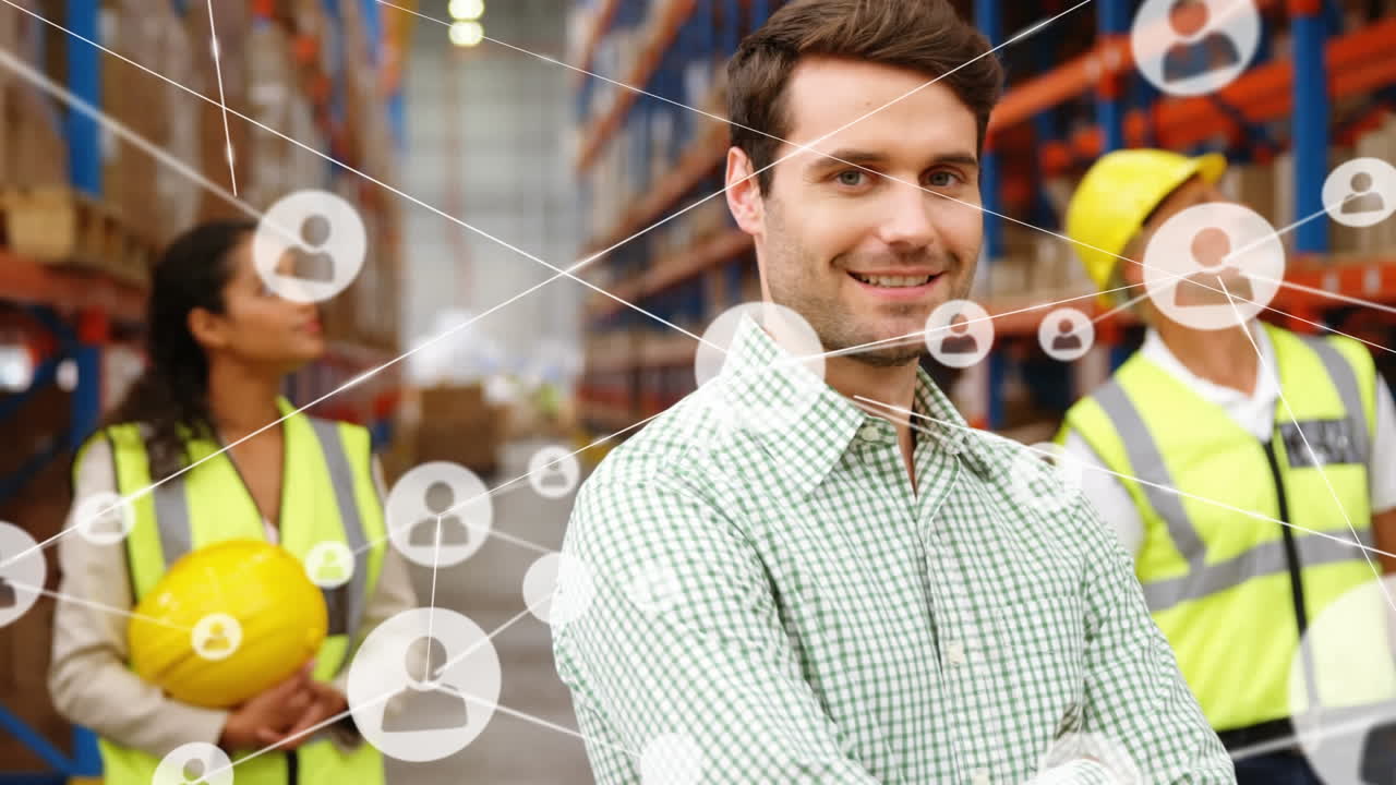animación de la red de conexiones con las personas iconos sobre diversas personas que trabajan en el almacén