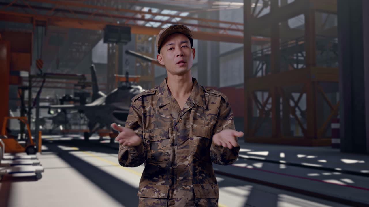 Förvirrad soldat i kamouflageuniform rycker på axlarna i militär hangar