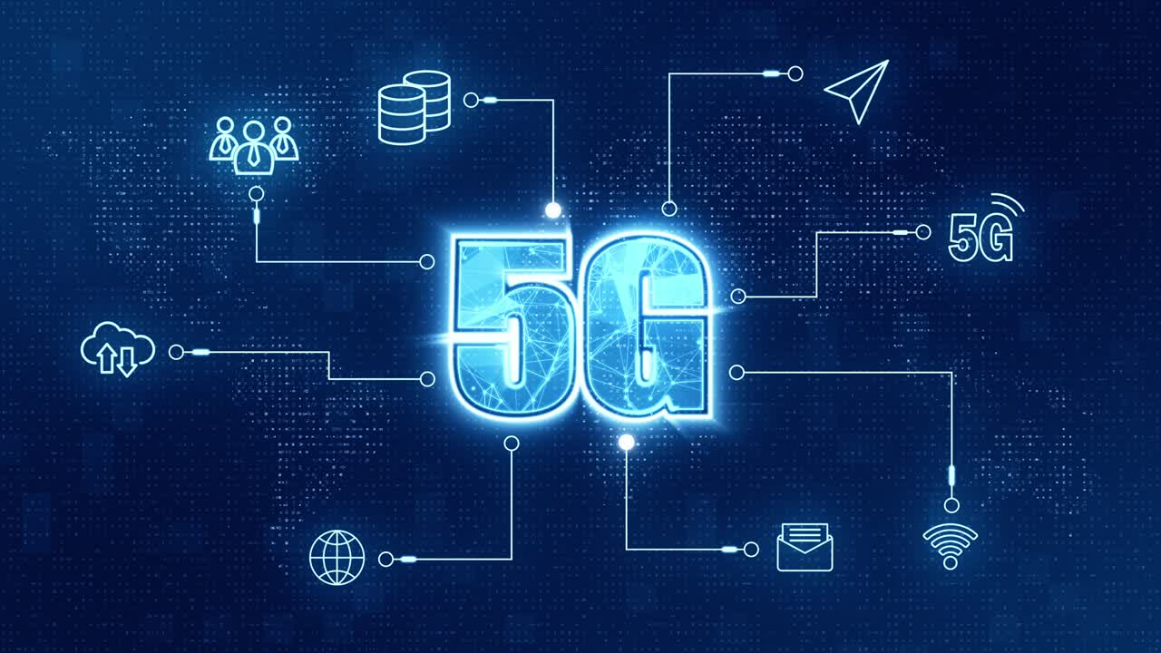 motion graphic di blu 5g icon connessione di rete con icona tecnologica su sfondo astratto video in loop senza cuciture