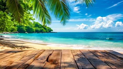 a wooden table with a view of the ocean and palm trees