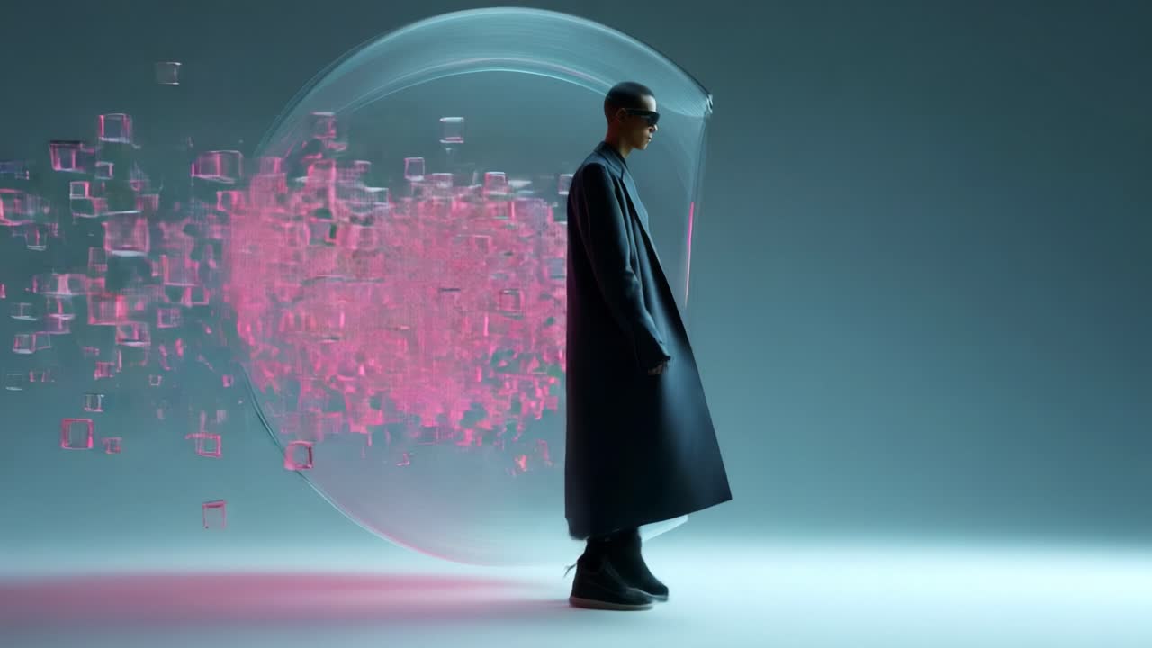 A striking figure in a futuristic manner, draped in a flowing black garment, strides confidently amidst a captivating visual of floating pink digital blocks, symbolizing innovation and technology