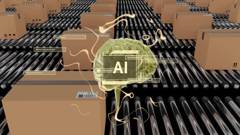 ai brain and neural connections over boxes on conveyor belts in warehouse