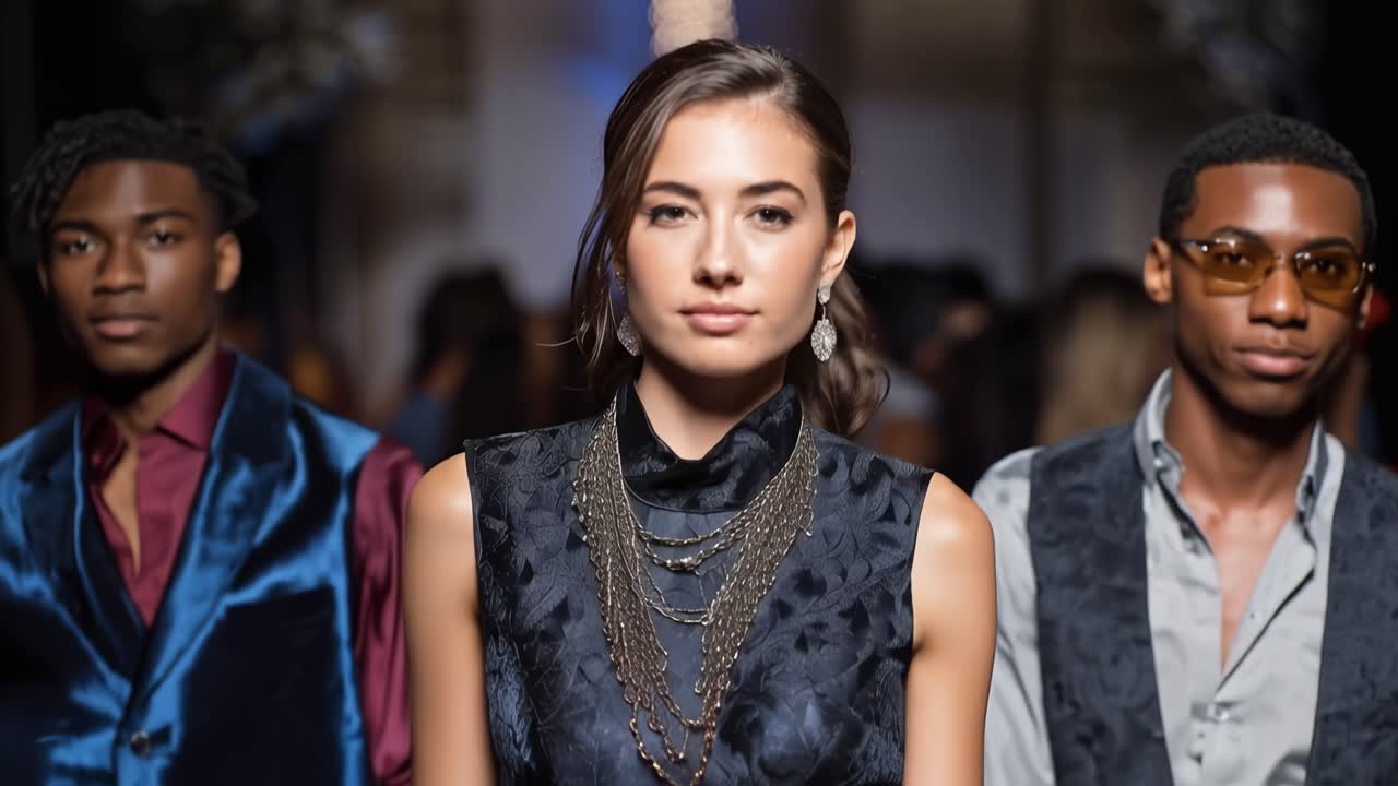 Tre modeller poserer selvsikkert til et modeshow. Én kvinde bærer halskæder i lag og en mørk mønstret top. To mænd flankerer hende, klædt i teksturerede veste og skjorter.