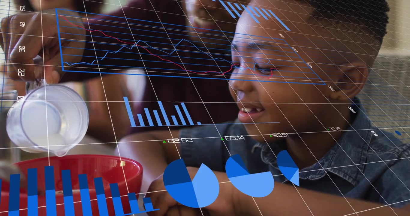 Mom tilting pitcher, pouring milk into red bowl for health, blue overlay tracking pour, kid smiling
