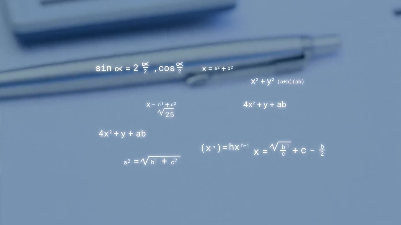 Animation of mathematical equations over notebook with pen and calculator