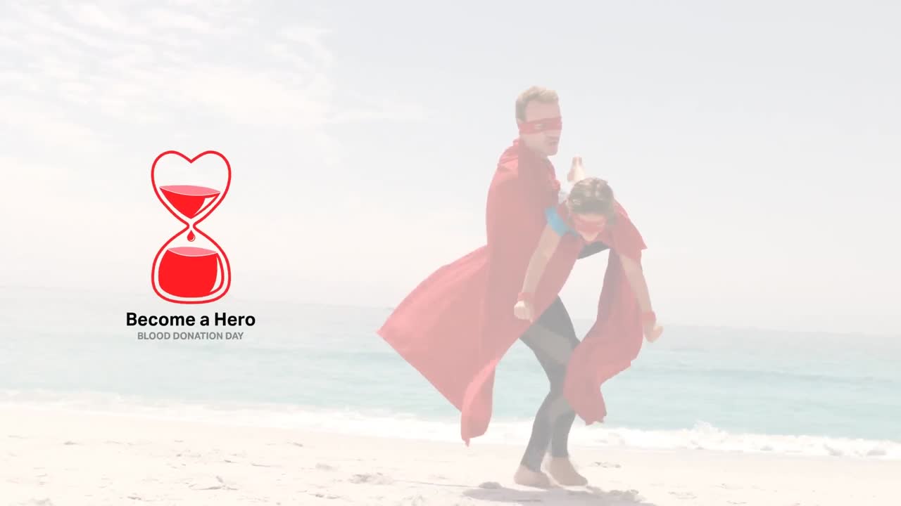 animación del logotipo y el texto de la donación de sangre sobre el padre y el hijo