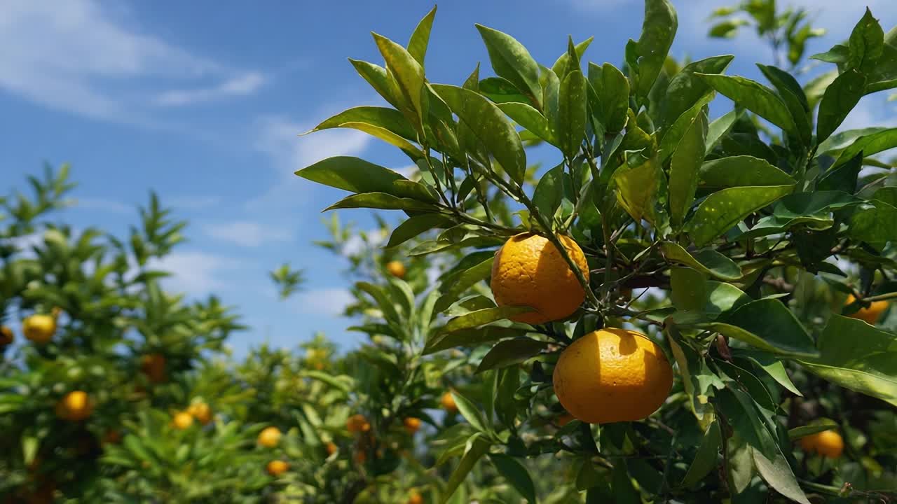 Orchard full of ripe oranges on a sunny day in late summer