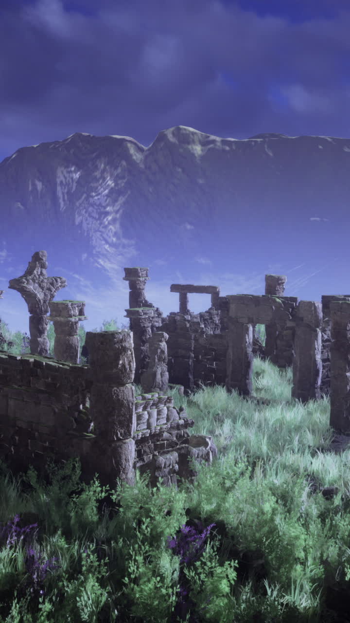 Ancient ruins surrounded by lush greenery under a dramatic sky
