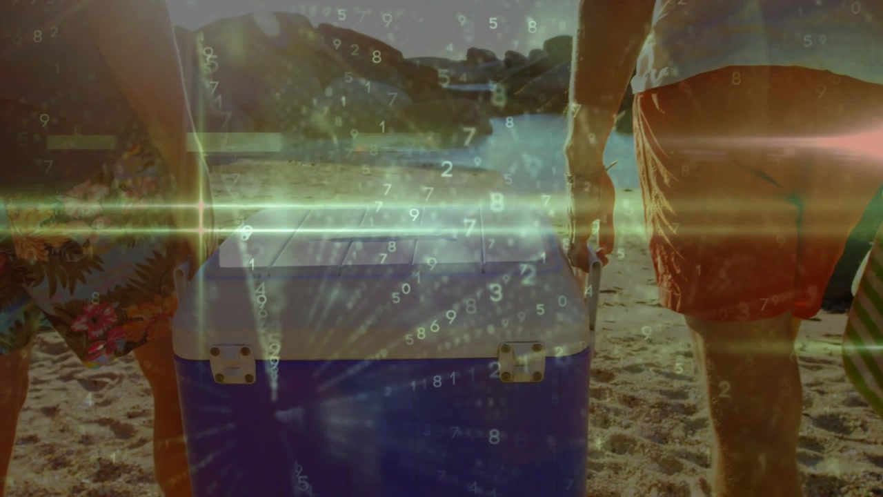 Two men carrying blue cooler to inlet, causing pullback and numeric flares overlaying it for travel