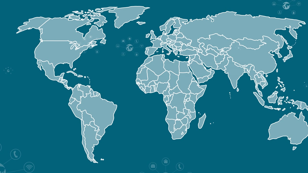 Animation of icons over world map on blue background