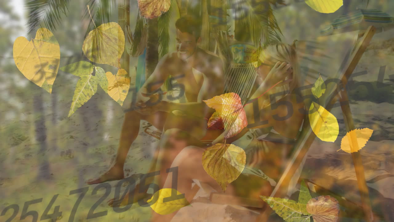 Couple relaxing on beach with numbers and leaves animation overlay