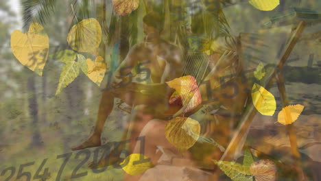 couple relaxing on beach with numbers and leaves animation overlay