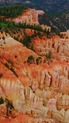 downhill slopes and rock columns of beautiful canyons at daytime. green forest growing on top of mountains and at the foot. view from above. vertical video