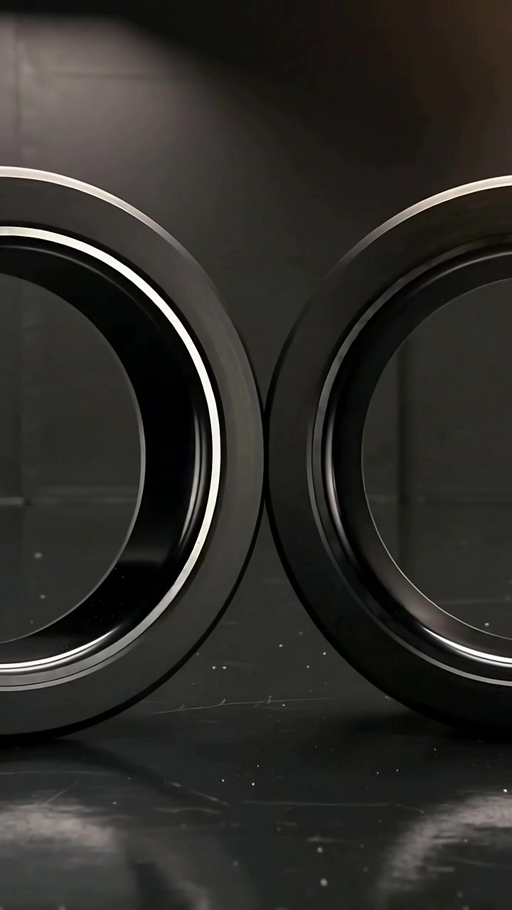 Vertical video: Cam pulling back showing two black rings turning on black table