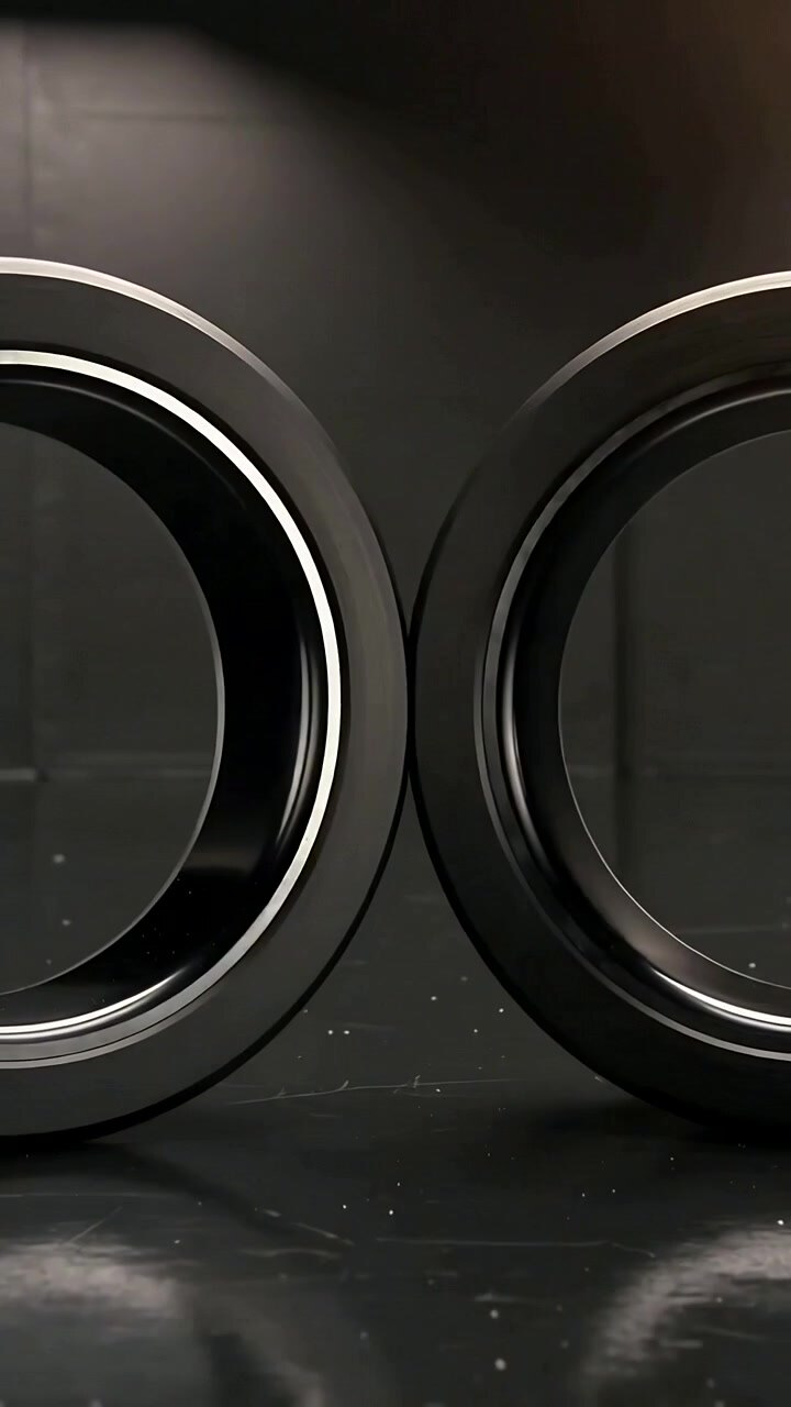 Vertical video: Cam pulling back showing two black rings turning on black table