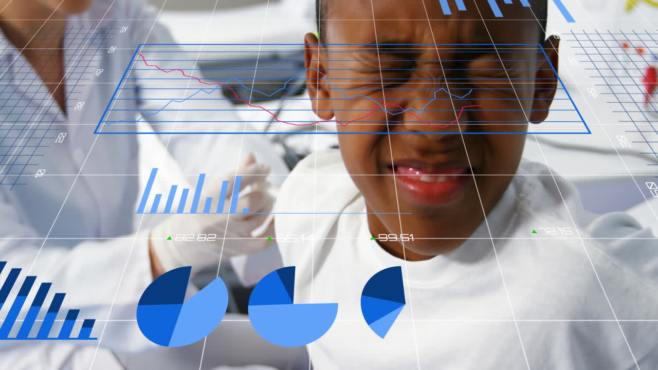 Statistical data processing against female doctor giving injection to boy