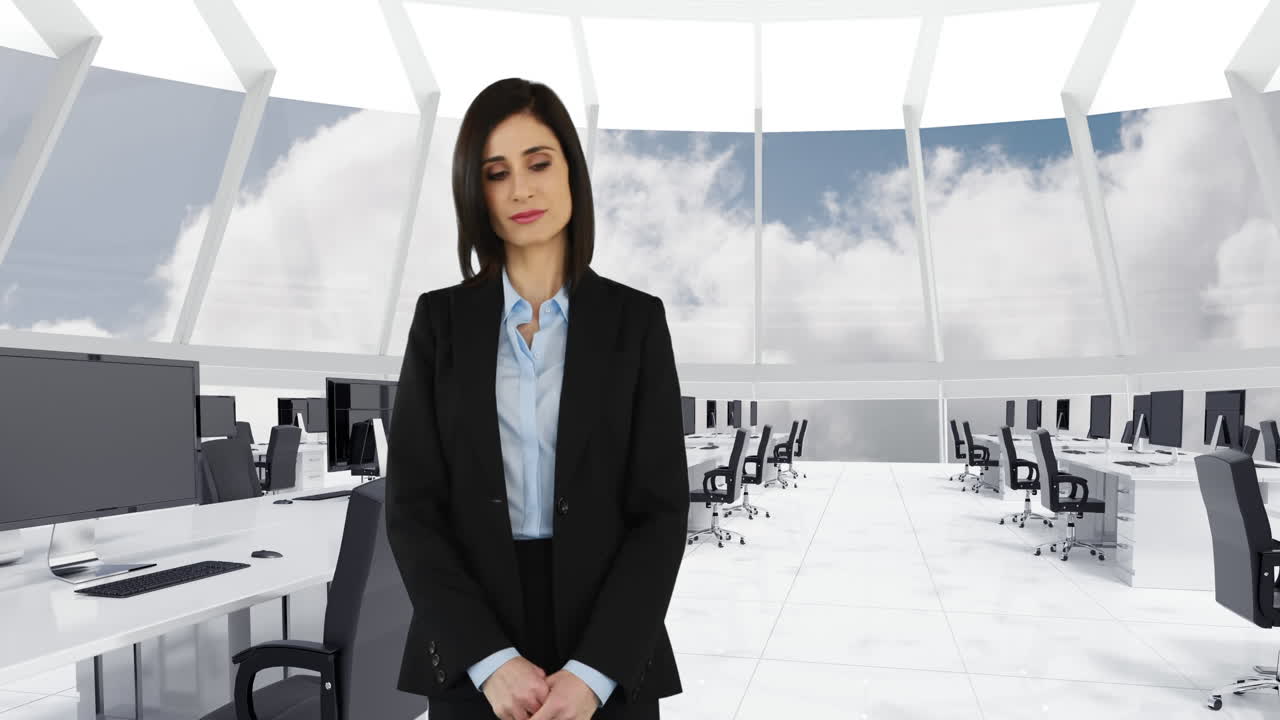 composición de una mujer deslizando una pantalla digital en un centro de llamadas 4k