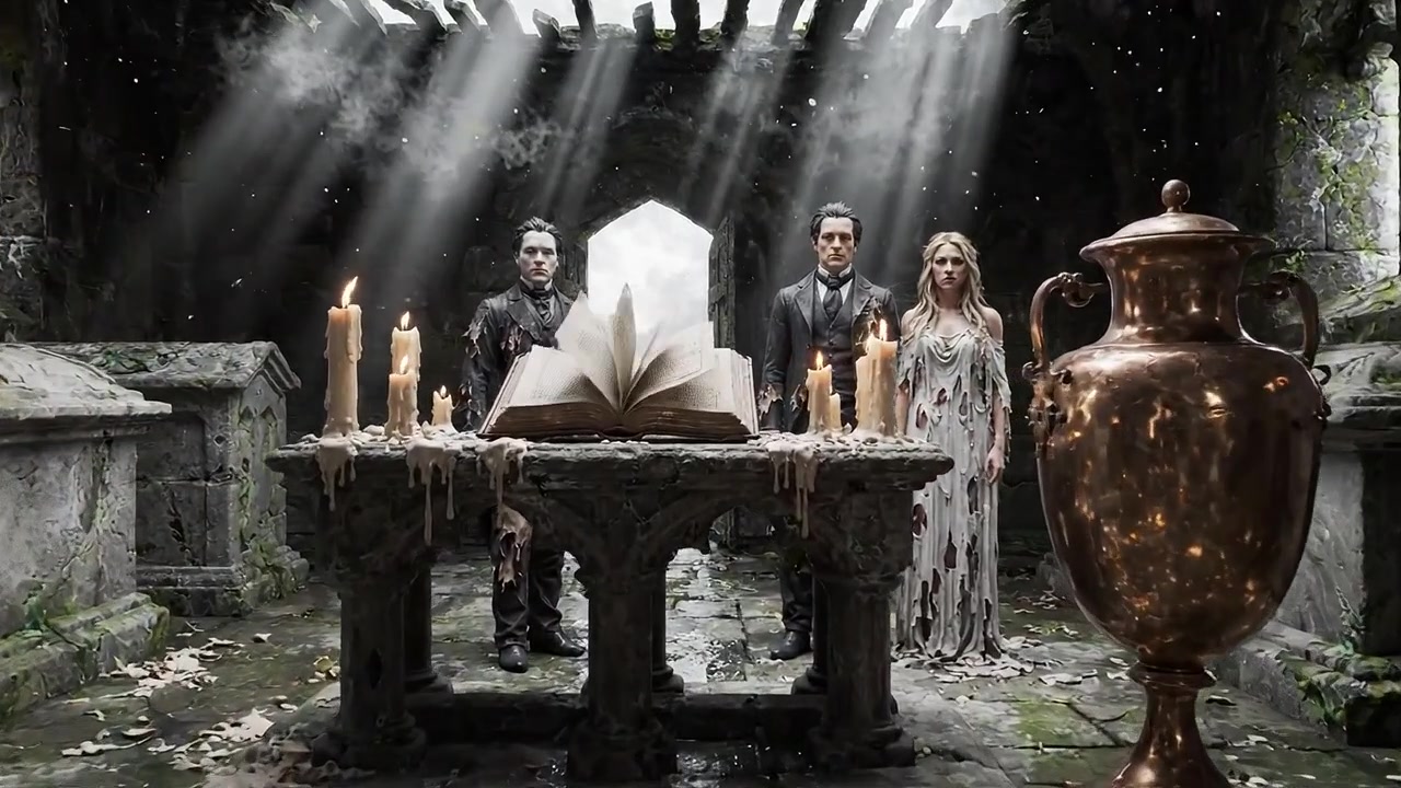Escena de fantasía oscura con figuras misteriosas de pie ante un libro antiguo en una estructura de piedra abandonada y atmosférica iluminada por rayos de luz