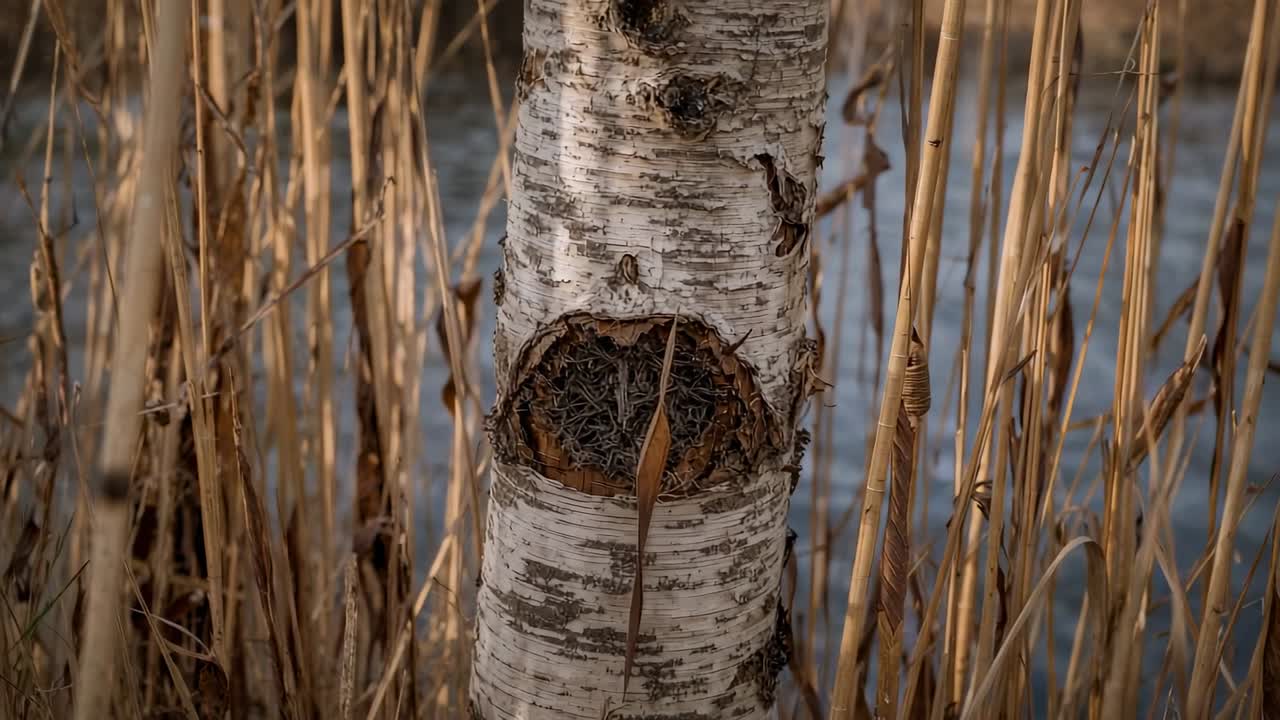 Svajende birkestamme og omkringliggende siv, der bøjer sig i let brise ved søbredden, med et ovalt sår.