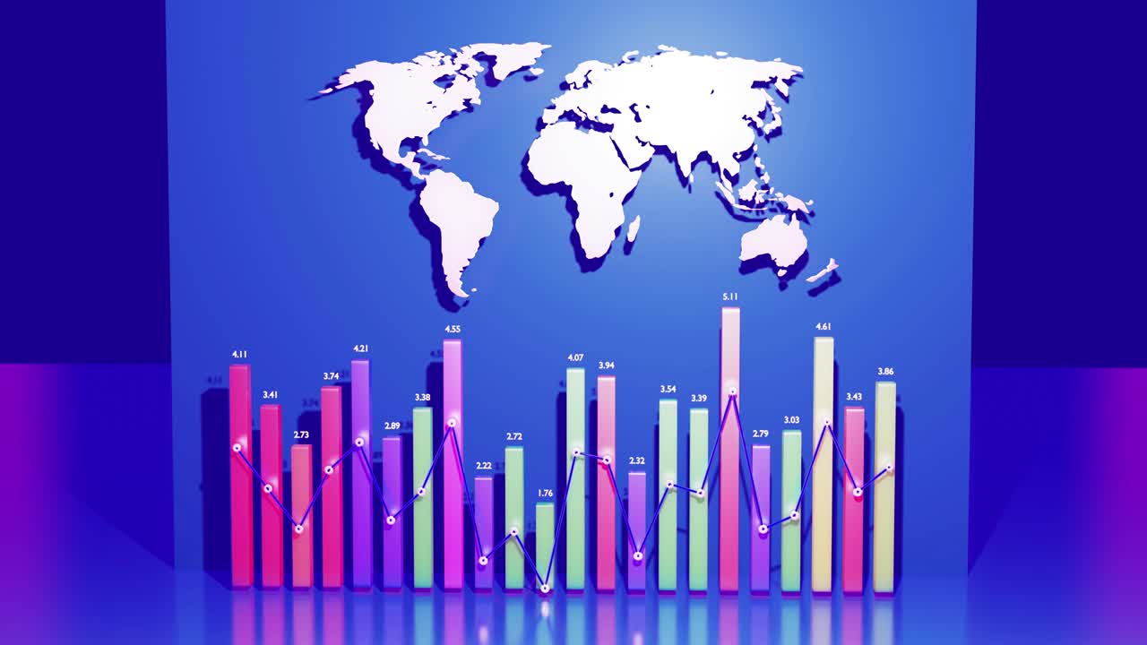 abstractas hermosas columnas multicolores forman gráficos y con el mapa del mundo forman un panel de información como bg en bucle para espectáculos analíticos. datos globales, estadísticas abstractas en todo el mundo como información bg