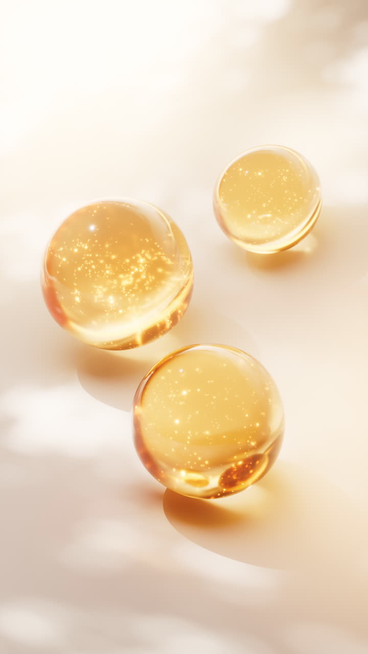 Sfondo con bolle di liquido dorato trasparente, rendering 3D
