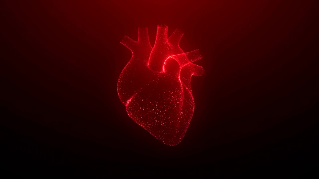 El encuadre central revela una vívida forma de corazón rojo formada por líneas punteadas y un contorno brillante, sobre un fondo oscuro con una suave iluminación ambiental.