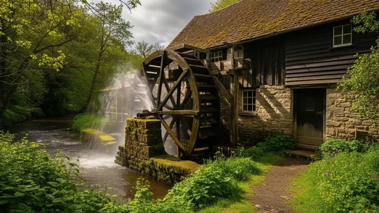 A Scenic Watermill Amidst Lush Greenery: Exploring the Beauty of Nature and Historical Architecture with Majestic Water Wheel Functioning in Tranquil Surroundings