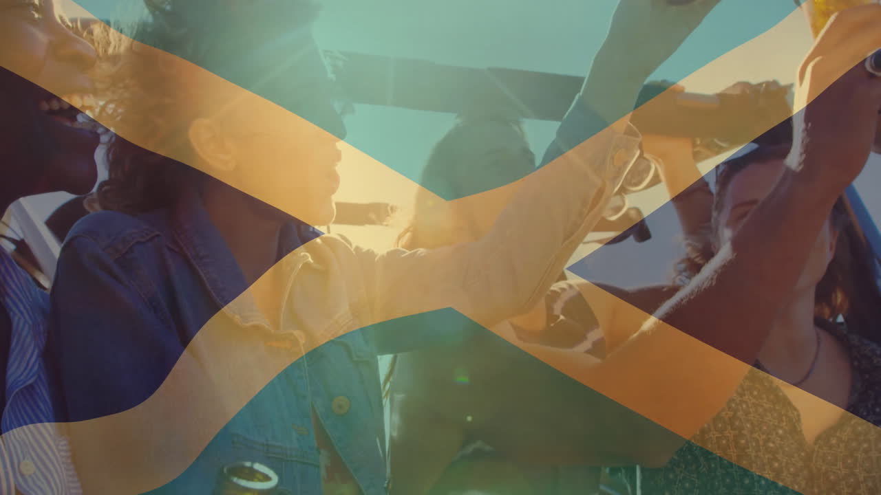 Celebrating with drinks, people overlaying Jamaican flag colors and patterns