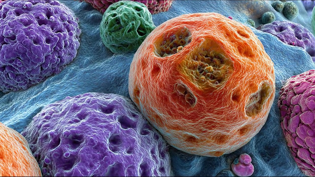 Células microscópicas coloridas agrupadas en una visualización celular detallada
