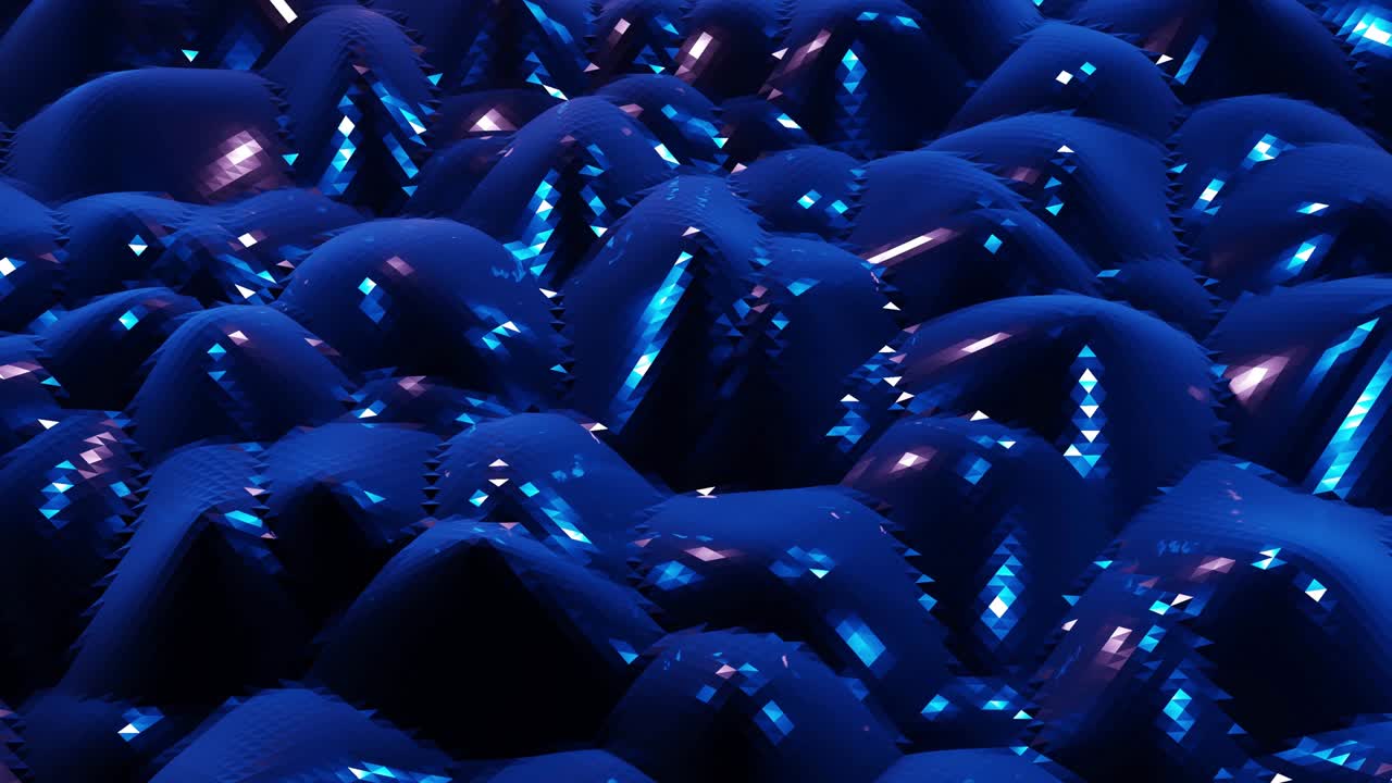 4k에서 세련된 어두운 추상적인 낮은 폴리 배경, 추상적인 파동은 반이는 금속 표면에서 루프로 움직입니다, 부드러운 부드러운 무 애니메이션, 간단한 미니멀리즘 기하학, 푸른 색.