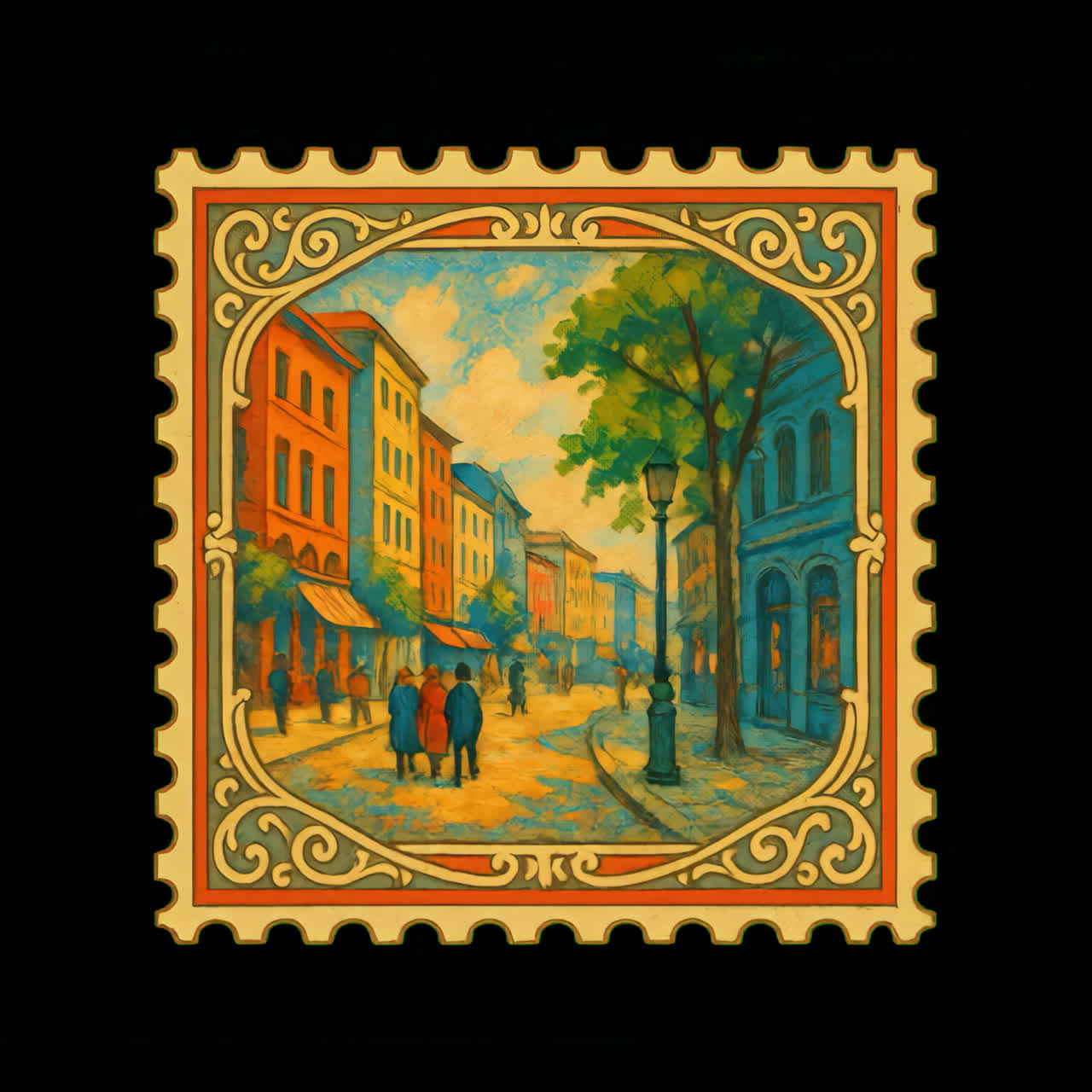 Vintage cityscape postage stamp animation isolated asset, transparent 4K video, alpha channel