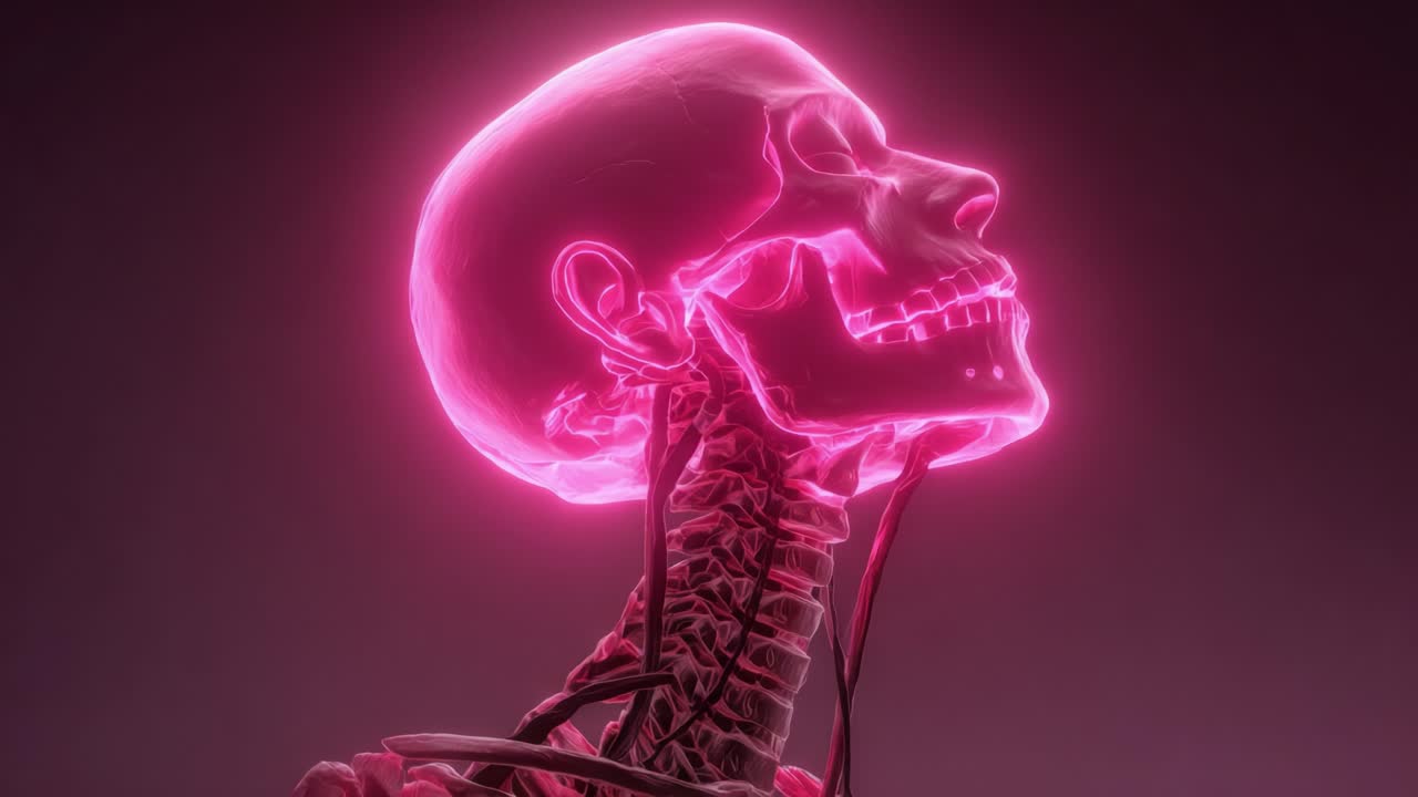 En Betagende Visualisering af Menneskets Skelet: Udforskning af kraniets og ryghvirvlernes kompleksitet i levende neonpink lys