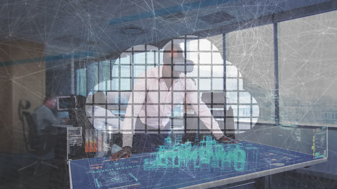 Interacting with futuristic animation, businessman analyzing cloud computing data