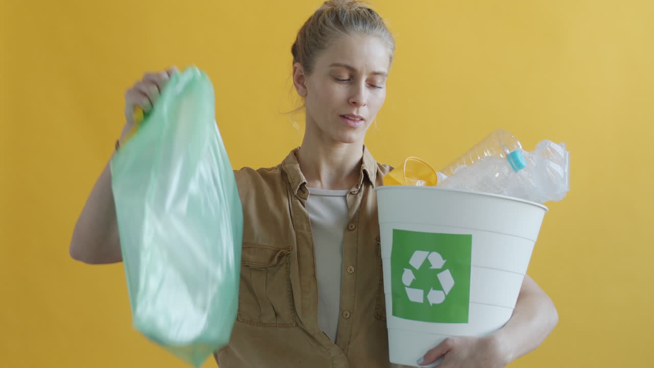 Woman Recycling Plastic Bottles and Bags