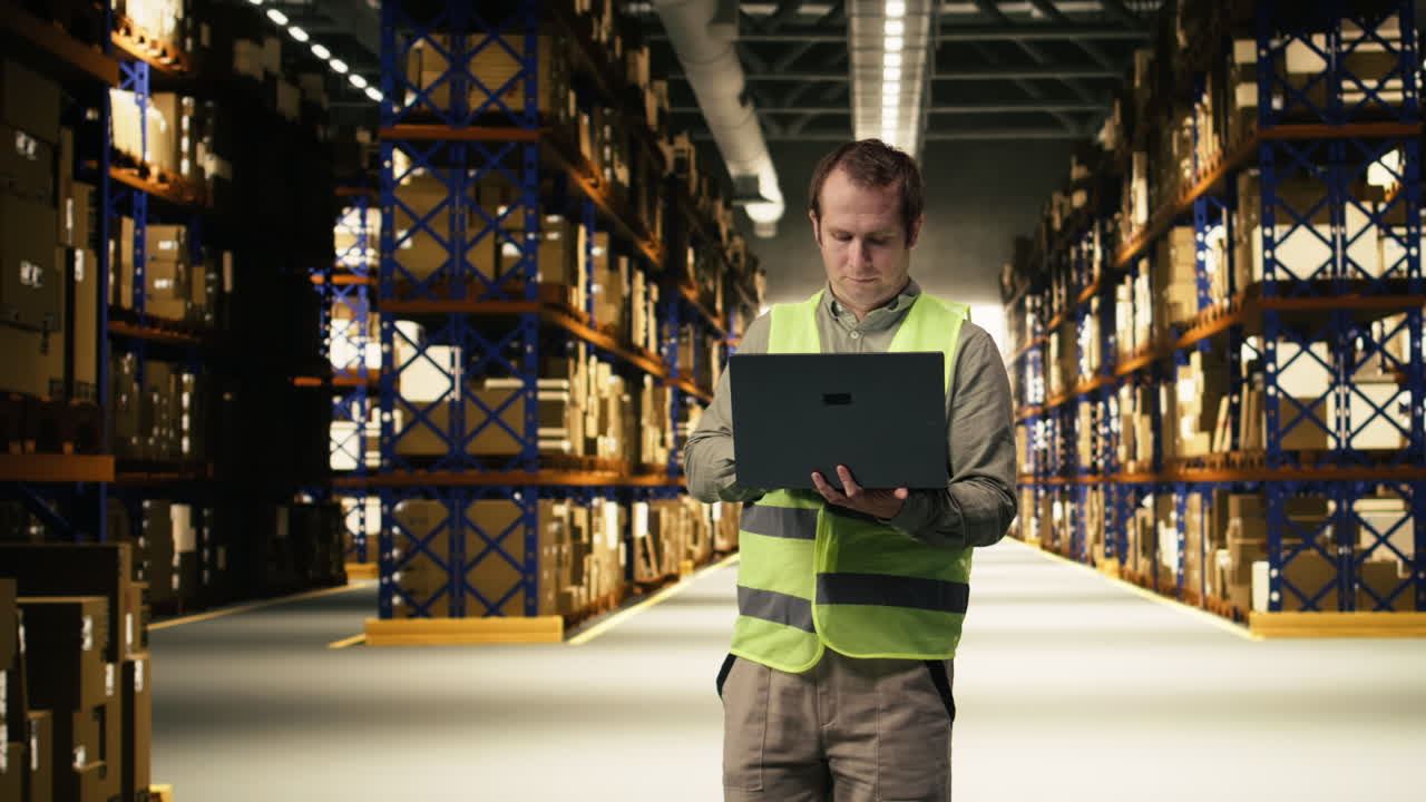 Addetto che utilizza un laptop per l'e-commerce, con i dettagli delle spedizioni in magazzino