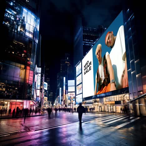 urban night scene with a low-angle view of a bustling city street, featuring a large pink video
