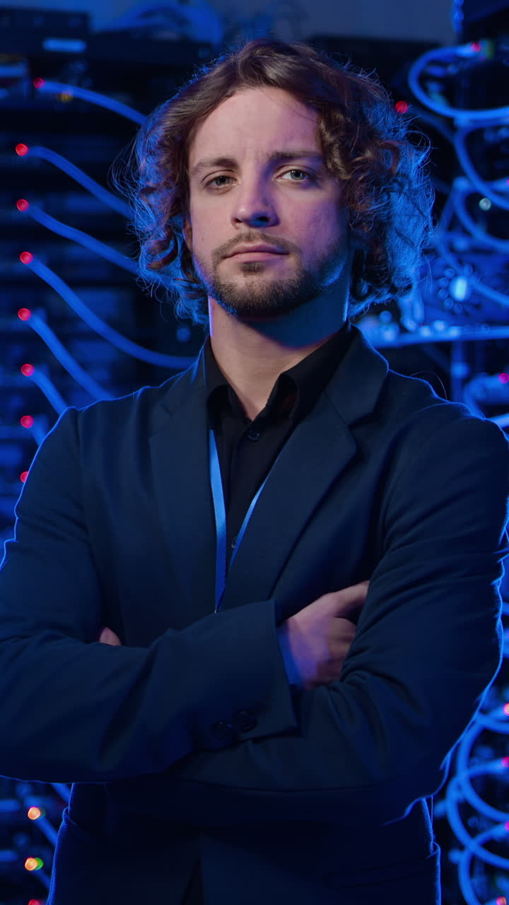 Man standing in a server room. Vertical