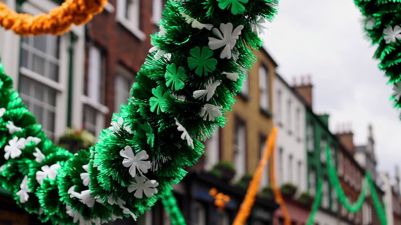 St. Patrick's Day Shamrock Garlands Decorating a City Street
