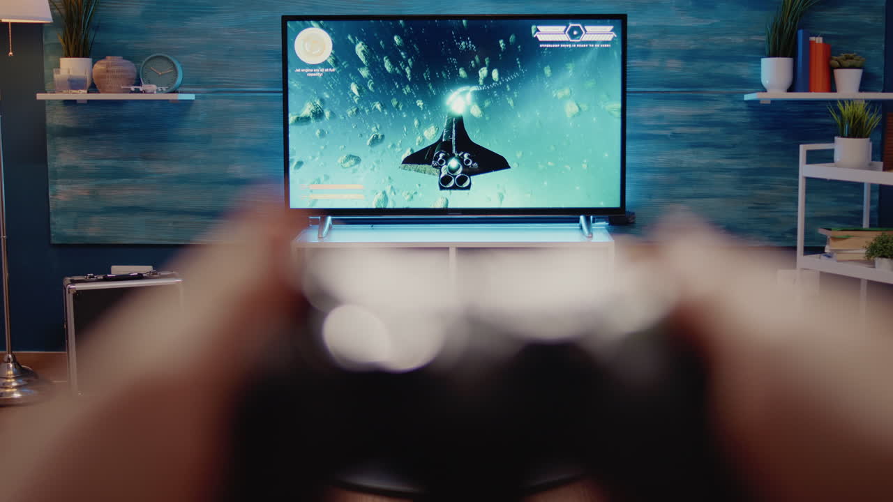 Close up of television display with action video games