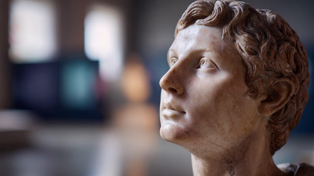 Primo piano dettagliato di una scultura classica che mette in risalto i tratti del viso e le espressioni finemente scolpite del soggetto, con uno sfondo sfumato che si concentra sulla maestria artistica.