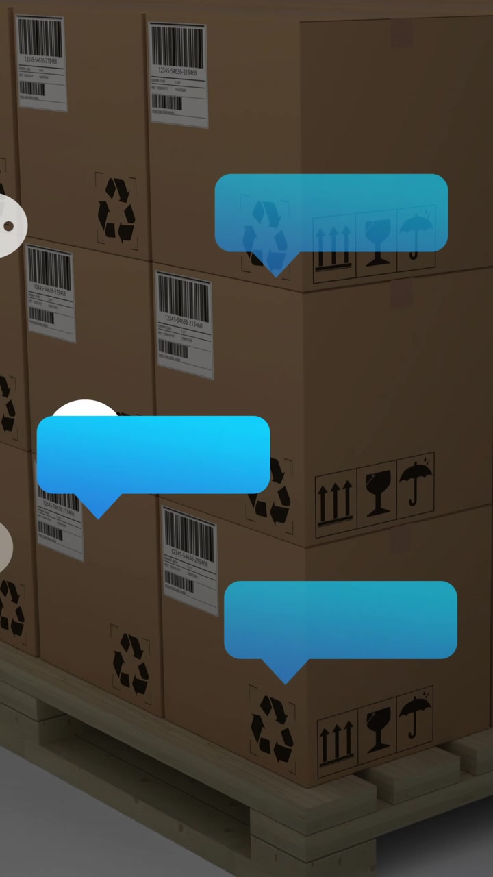 Animazione di icone di messaggi sui social media su scatole di cartone impilate su pallet