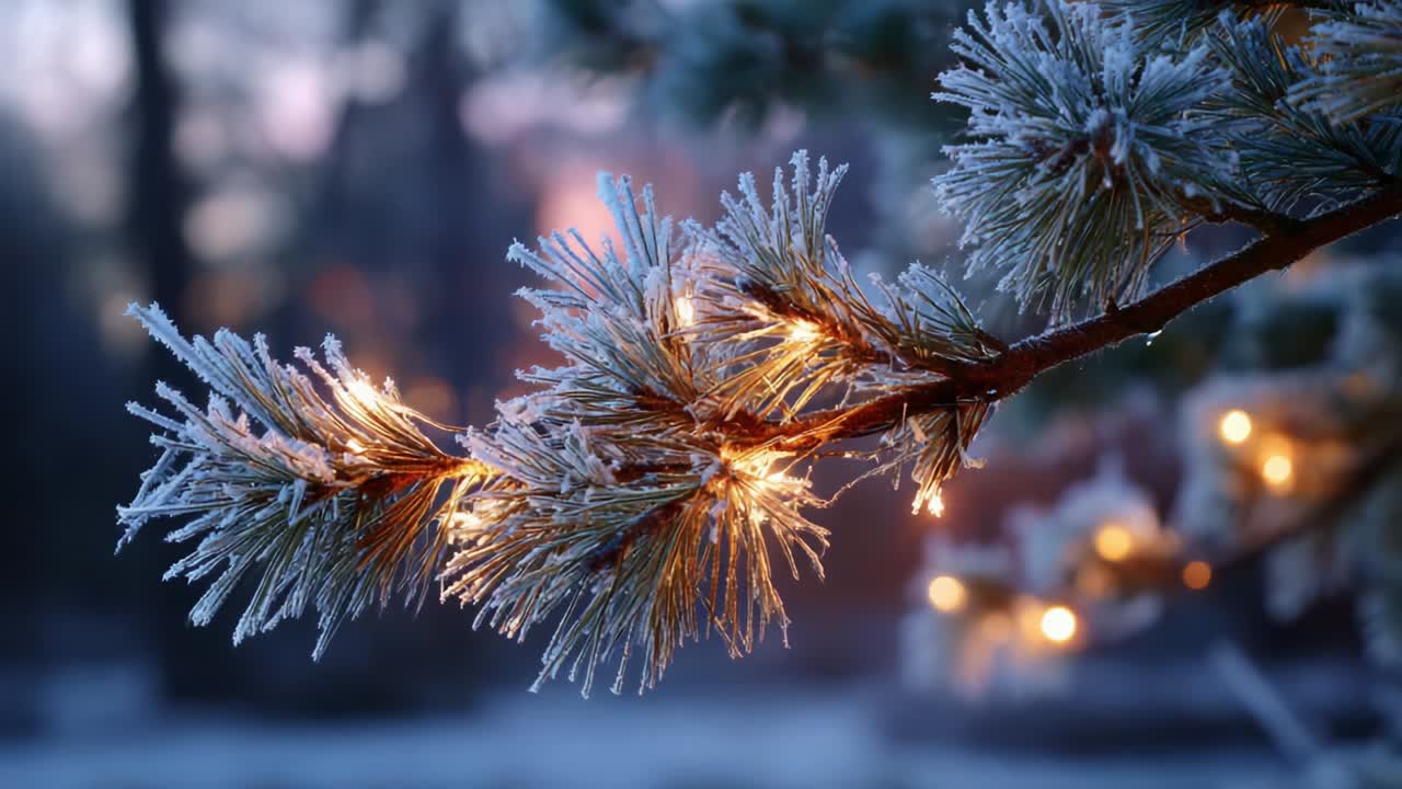 A Close-up of Frosted Pine Branches Adorned with Shimmering Lights, Capturing the Essence of Winter's Beauty in a Magical, Glimmering Atmosphere Filled with Sparkling Ice and Warmth