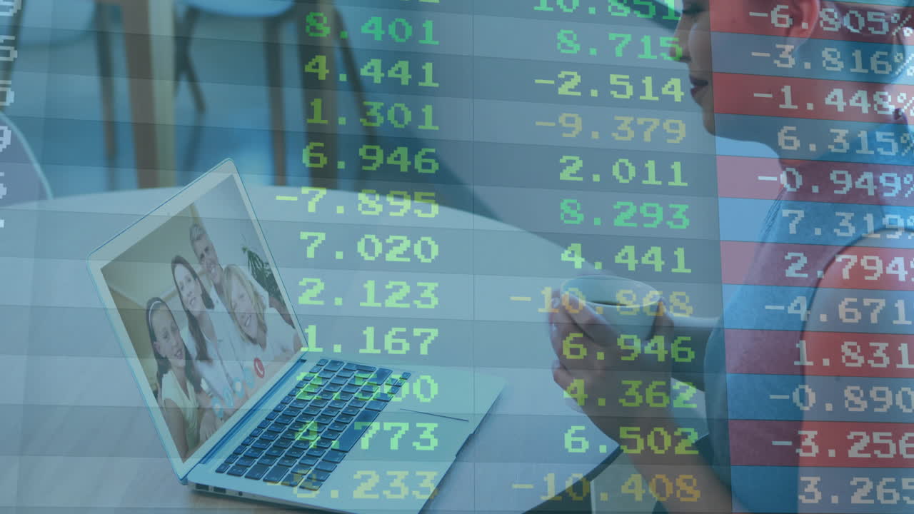 Girl holding smartphone viewing group call on laptop, showing animated finance charts overlay