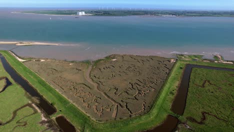 Aerial-View-Of-River-Blackwater,-Blockhouse-Bay-Nature-Preserve-In-Tollesbury-Wick,-Maldon,-Essex,-United-Kingdom