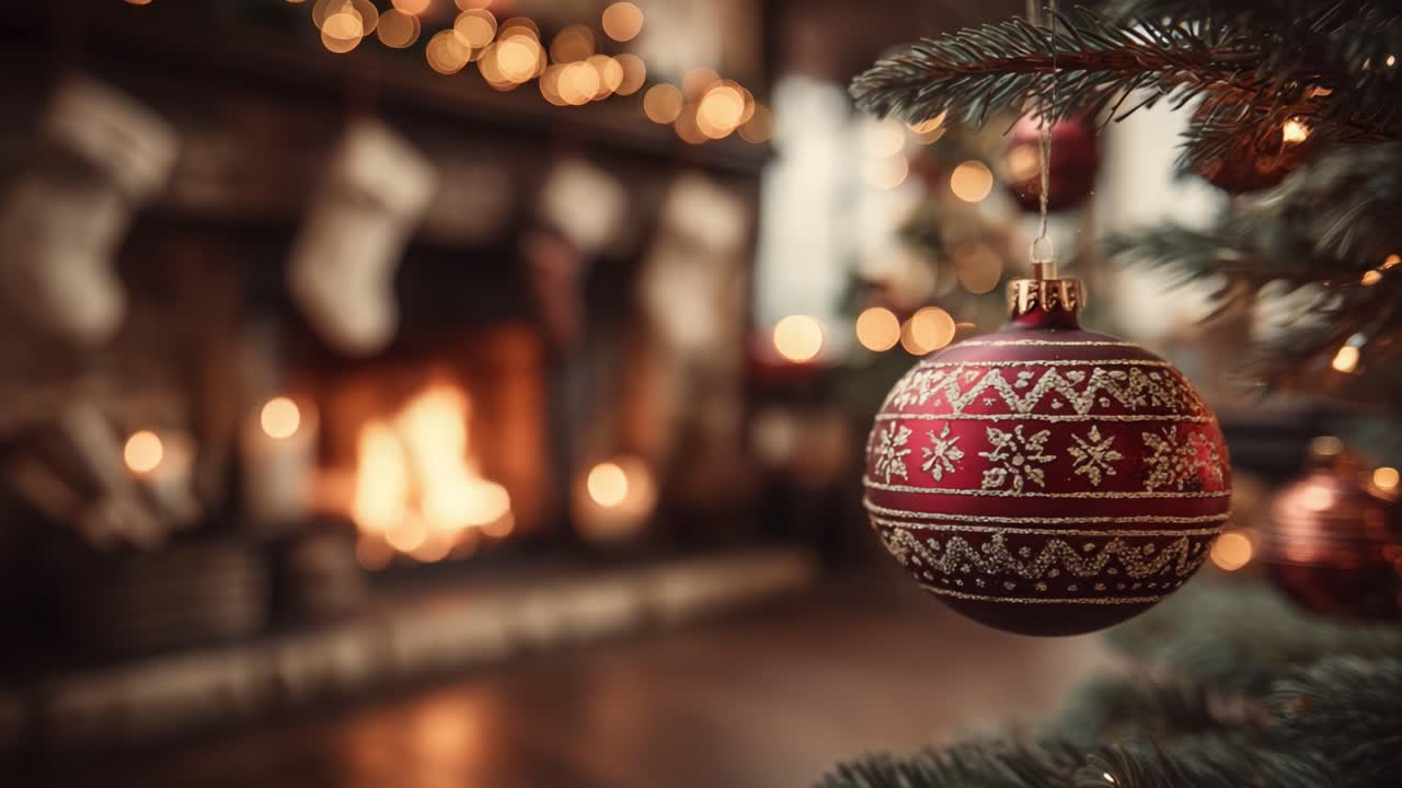 A Cozy Christmas Scene Featuring Festive Ornaments and a Warm Fireplace, Perfectly Capturing the Spirit of the Holiday Season in a Soft, Glowing Ambiance