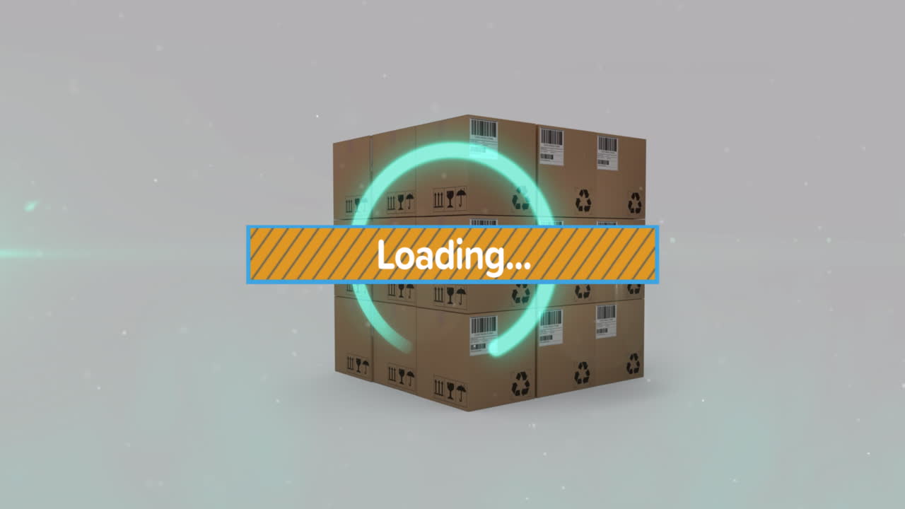 Animation of data processing over cardboard boxes on white background