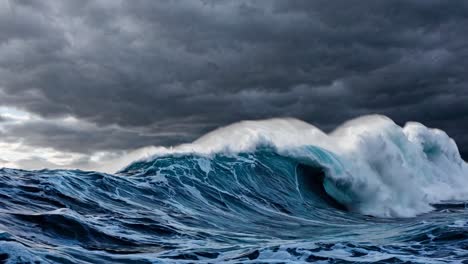 una enorme ola oceánica bajo un cielo dramático