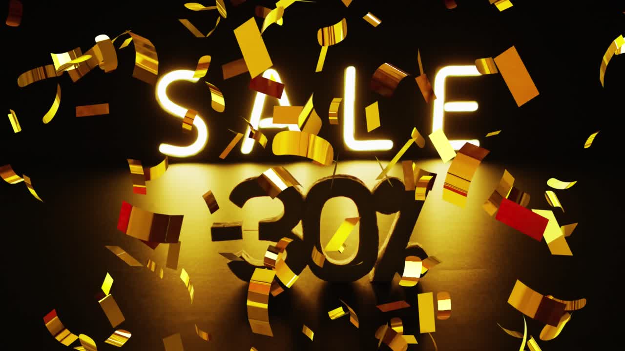 금색 콘페티의 애니메이션 판매 - 검은색 배경에  ⁇ 색의 30% 텍스트